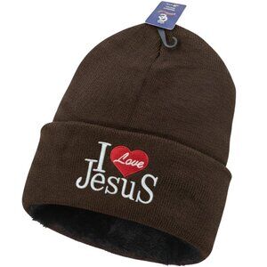 "I Love Jesus" Winter Fleece-Lined Hat, Brown